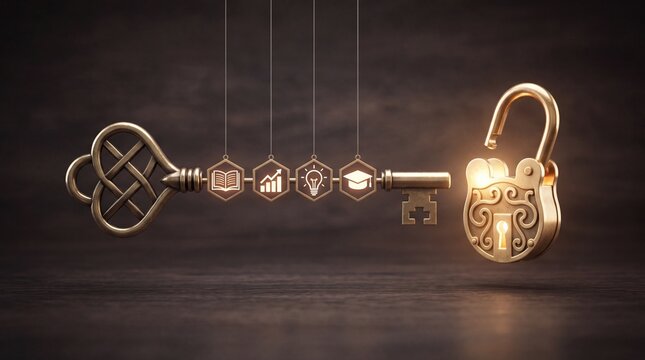 Mentoring concept with golden key unlocking success and knowledge