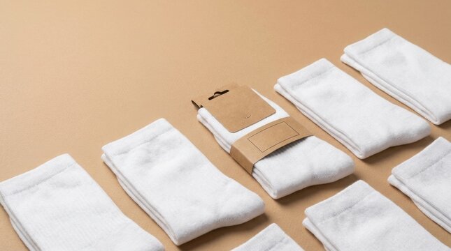 Neatly Folded White Socks Arranged on a Light Brown Background.