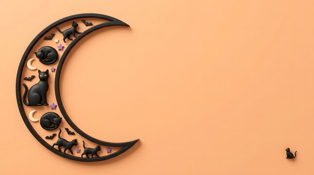 A festive happy halloween background featuring a decorative crescent moon shape with small black cat silhouettes
