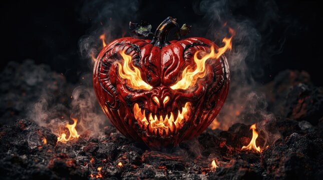 A terrifying glowing jack o lantern with a sinister face burning in the dark for a spooky halloween celebration