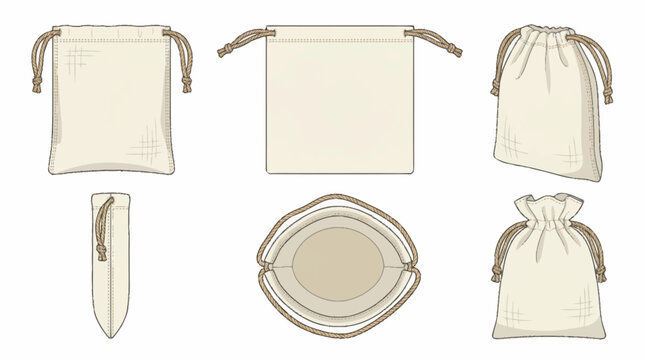 Set of Premium Present Bags and Fabric Pouches in Flat Vector Style for Packaging and Gifting