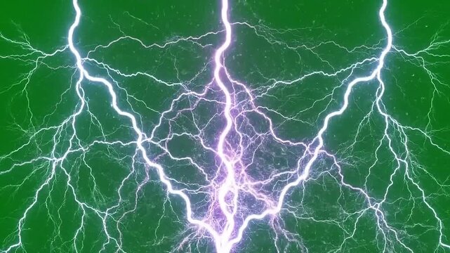 Electric lightning bolts on green screen background, powerful plasma discharge effect, glowing white and purple electrical sparks for VFX