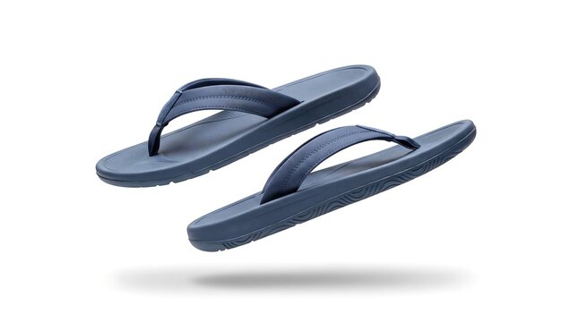 Flip flop sandal pair, floating mid-air view, isolated on pure white background, hyperrealistic studio product photography