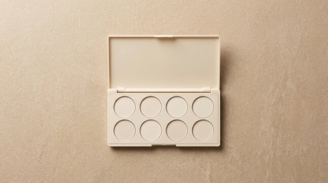 Empty makeup palette with eight circular wells for eyeshadow or blush.