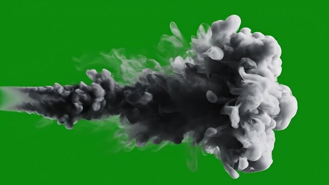 Cinematic black smoke trail on green screen. Thick billowing exhaust plume for VFX. Dark gray smoke clouds for motion graphics and compositing.