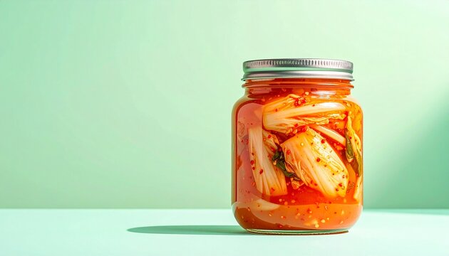 A jar of delicious homemade kimchi on a light green background.
