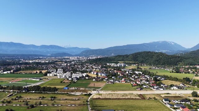 Villach in Carinthia, Austria with Urban Area, Roads and Alpine Mountains