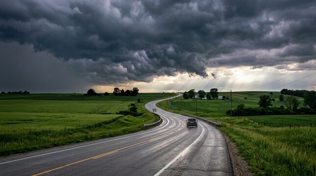 Stormy sky over a winding road, car driving towards dramatic weather