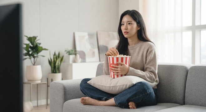 Young Asian woman sitting cross-legged on a sofa eating popcorn and watching television