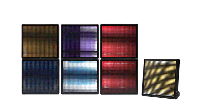 Seven square led display panels with grid patterns in yellow, blue, purple, and red colors isolated on a transparent background