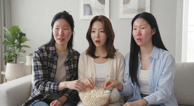 Three Asian Women Eating Popcorn Watching TV Sitting on Sofa Stock Photo Banner Background
