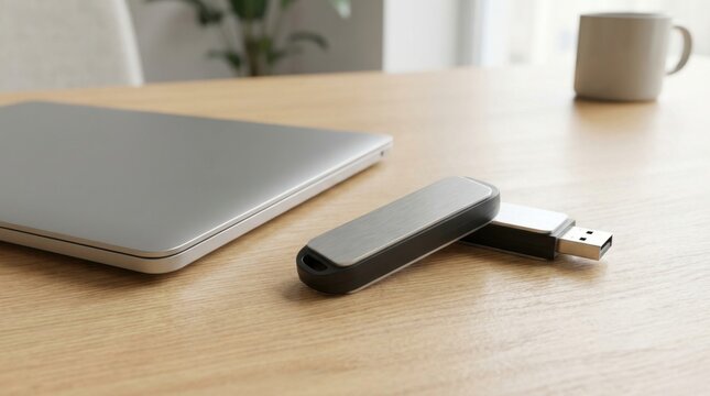 Modern USB flash drive and laptop on a wooden desk with a coffee mug.