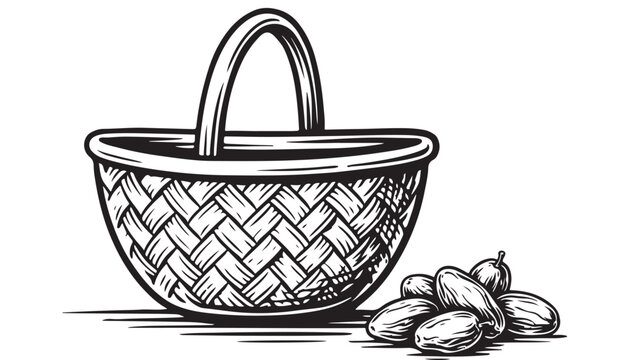 Woven basket and dried dates black and white vector illustration outline icon