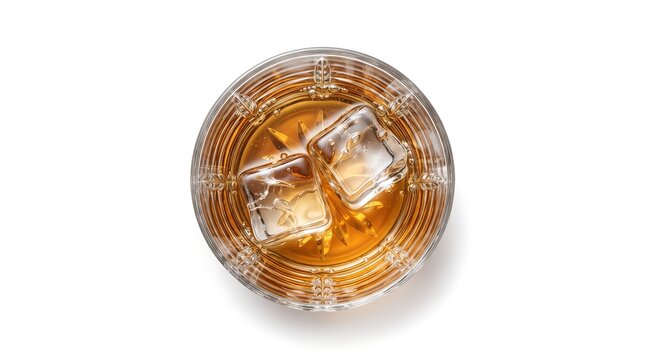 Whiskey glass with ice, top-down flat lay view, isolated on pure white background, hyperrealistic studio product photography