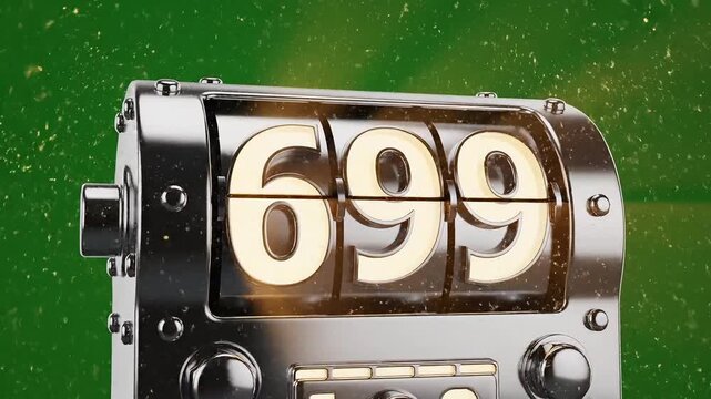 Vintage mechanical counter showing number 699. Retro chrome scoreboard display. Industrial metal odometer digits on green background.