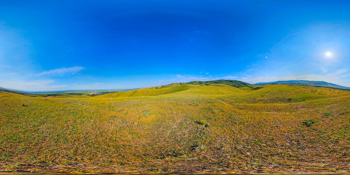 Spherical Panorama of Rolling Hills in Kyrgyzstan Under Blue Sky