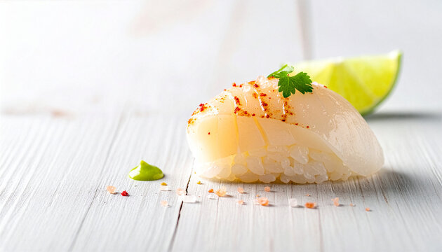 Fresh Scallop Nigiri Sushi Seasoned with Sea Salt and Lime on White Wooden Table