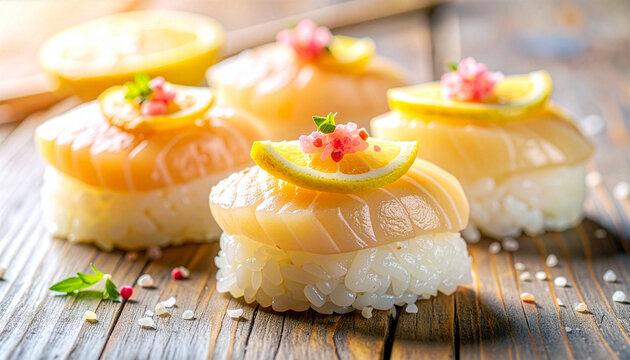 Fresh Scallop Nigiri Sushi Top with Lemon Slices and Garnish on Wooden Table