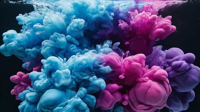 Vibrant ink clouds exploding in water against dark background
