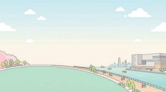 Tranquil city waterfront view featuring soft waves and a beautiful skyline in the distance