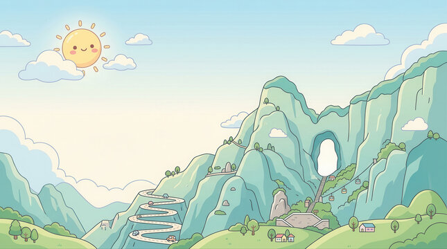 Enchanting animated scenery featuring gentle hills a meandering road and a cheerful sun in a tranquil environment