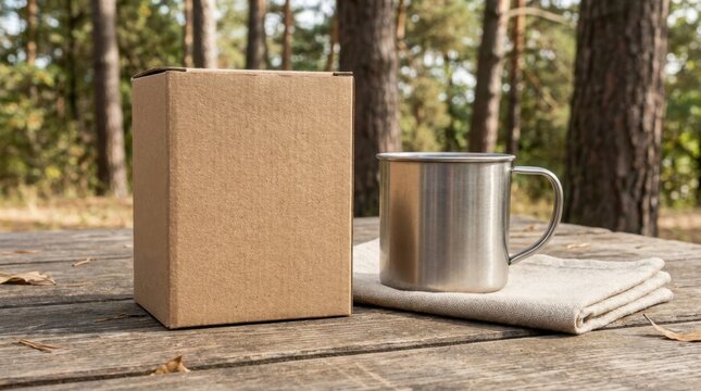 Cardboard box and metal mug on a wooden table in a forest setting.