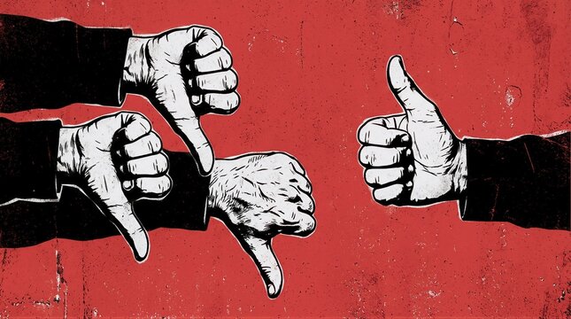 Thumbs up and down hand gestures symbolize disagreement and choice in bold graphic illustration