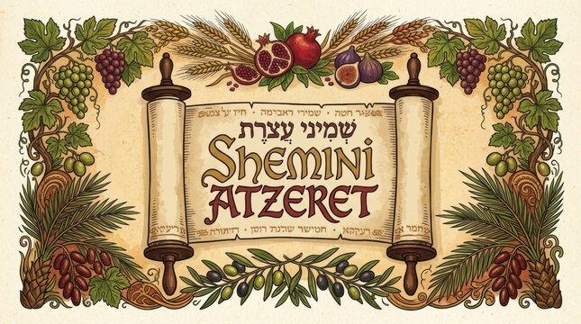 Shemini atzeret holiday greeting card with open torah scroll and traditional autumn fruits and vegetation