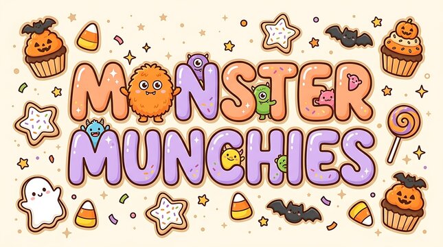 Monster munchies text with cute cartoon halloween treats and spooky characters