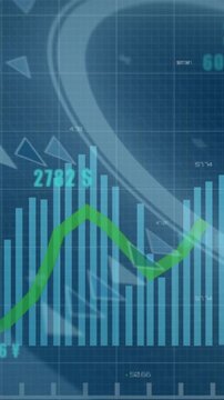 Animation of financial data processing and scope scanning on blue background