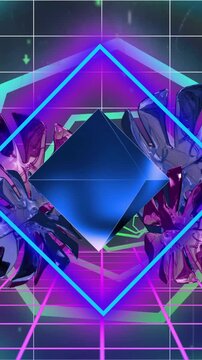 Animation of neon shapes and tropical leaves over lines on black background