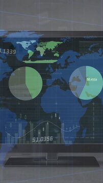 Animation of financial data processing and world map over computer screen