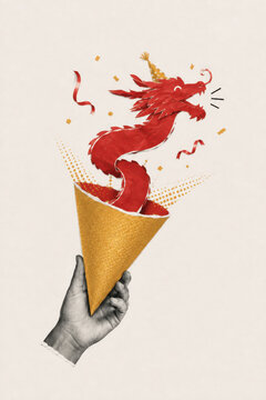 Hand holding a gold party popper, paper dragon in a party hat springing out with confetti. Lunar New Year fun and celebration