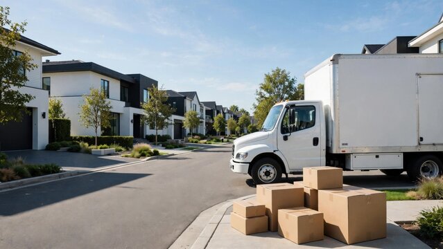 White moving truck parked beside a row of modern homes with cardboard boxes