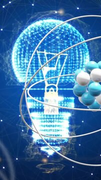 Animation of atomic structures over light bulb and networks on blue background