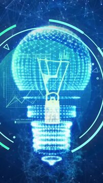 Animation of scanner over light bulb and networks on blue background