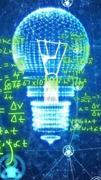Animation of mathematical equations and icons over light bulb and networks