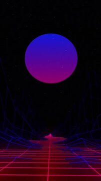 Animation of pink and blue moon over moving digital grid landscape on black background