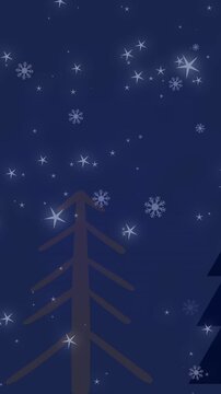 Animation of snow falling over christmas trees in winter scenery