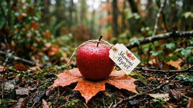 Fresh red apple with a paper tag and maple leaf sitting on the dark forest floor during the autumn season