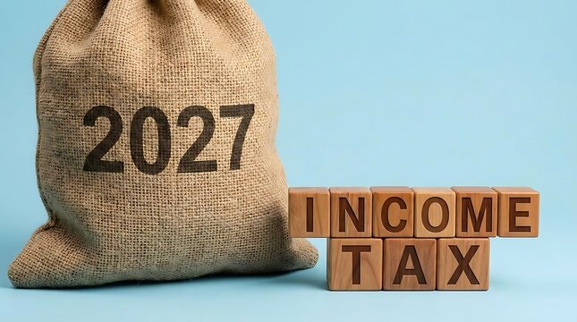 Burlap sack with 2027 and income tax wooden blocks