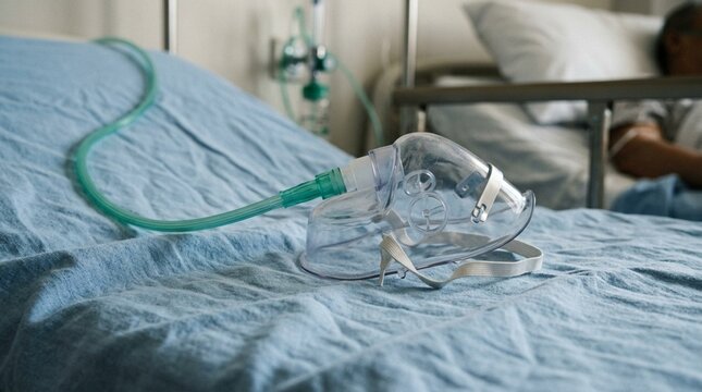 Hospital bed with oxygen mask and patient, medical equipment, healthcare