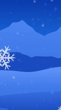 Animation of snowflakes over winter landscape with mountains and tress against blue background