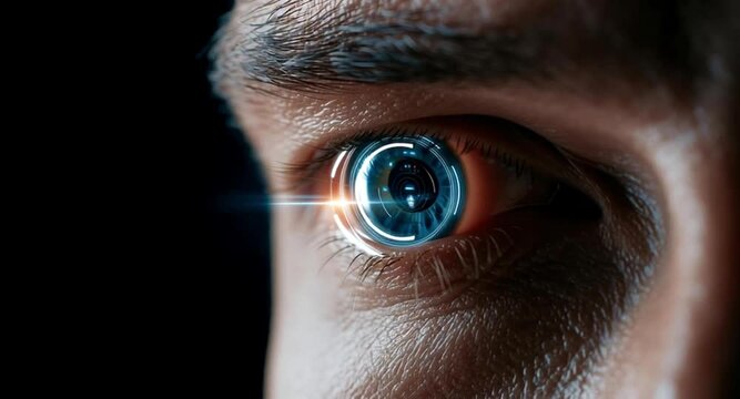 Close up view of a man's eye with a futuristic bionic implant scanning with a blue light beam, representing advanced technology, artificial intelligence, and augmented reality concepts