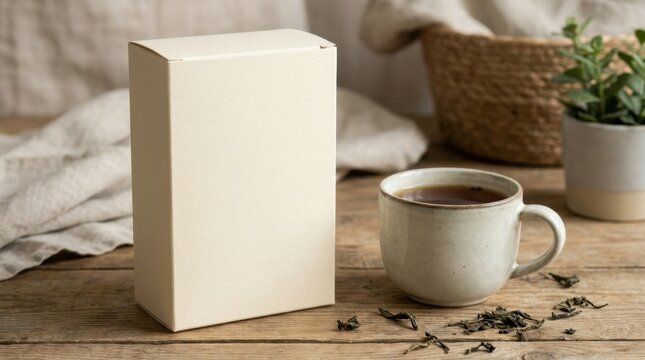 Blank packaging box and cup of tea on a wooden table with dried tea leaves.
