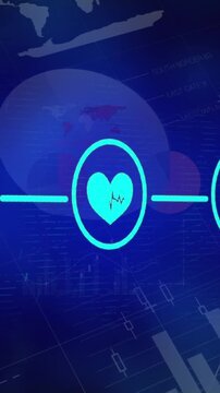 Animation of icon in circles connected with lines over infographic interface on blue background