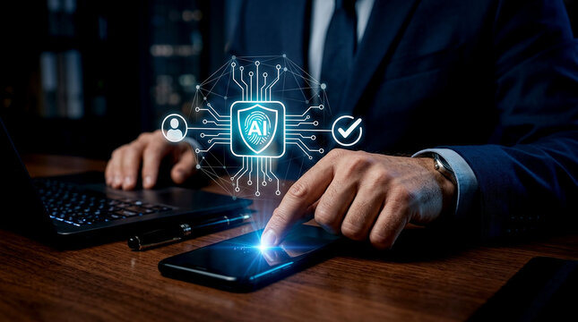 Business executive enforcing data privacy AI governance with biometric identity protection on smartphone in office, close-up photo of enterprise cloud