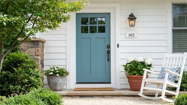Charming front porch with blue door and white rocking chair surrounded by potted plants