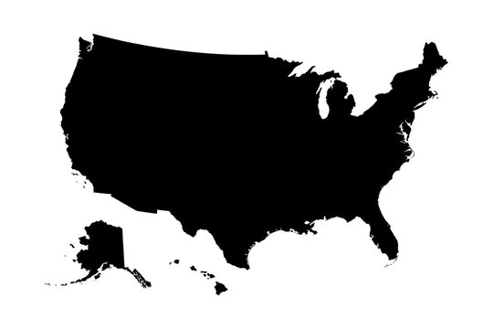 Black silhouette map of the United States including Alaska and Hawaii isolated on a clean white background, simple geographic shape for travel, education, politics, government, and design concepts.