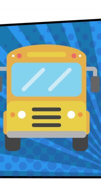 Animation of school bus icon on blue square over white background